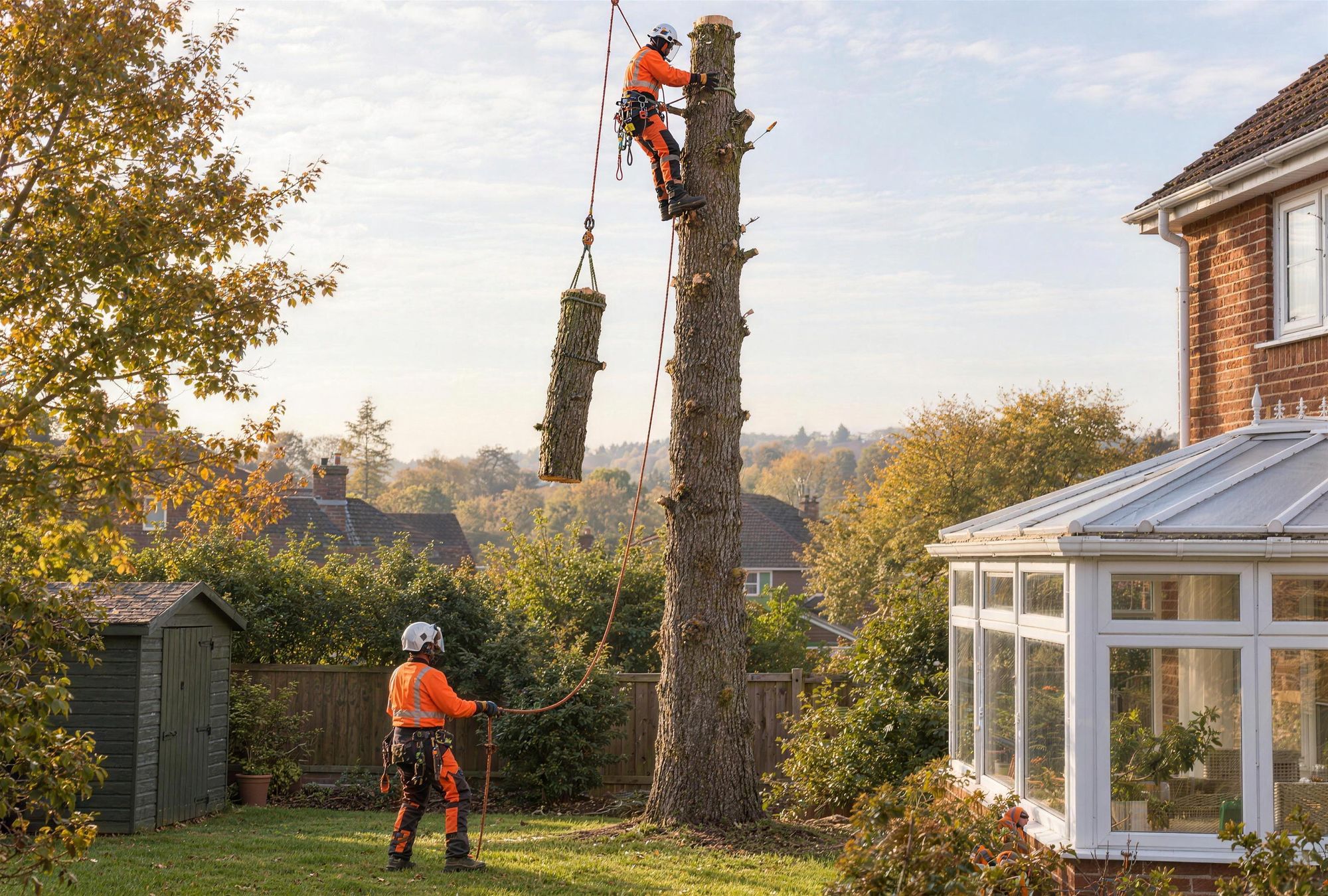 Sectional dismantling of a dead conifer beside a house