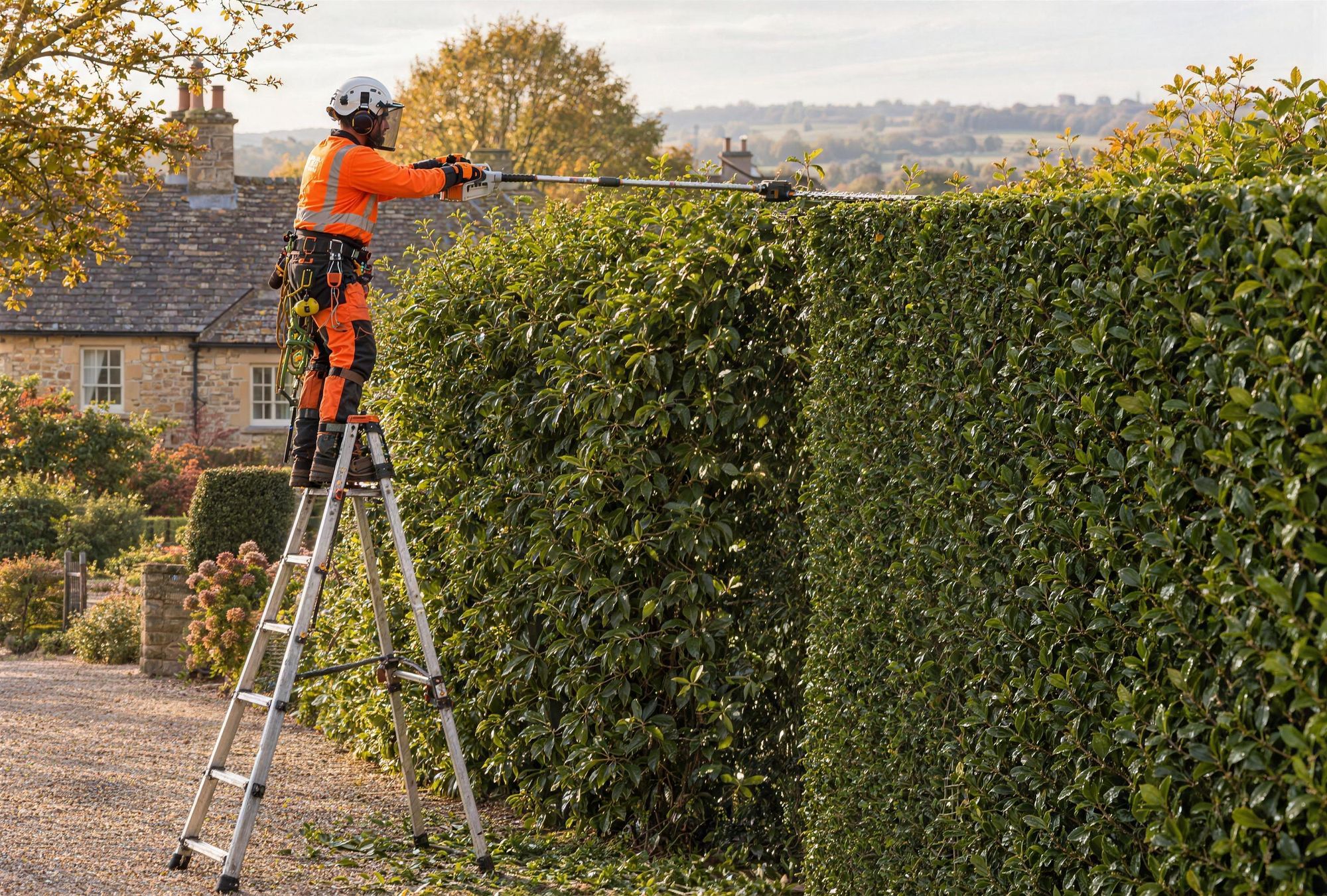 Tall laurel hedge being trimmed level with a long-reach trimmer