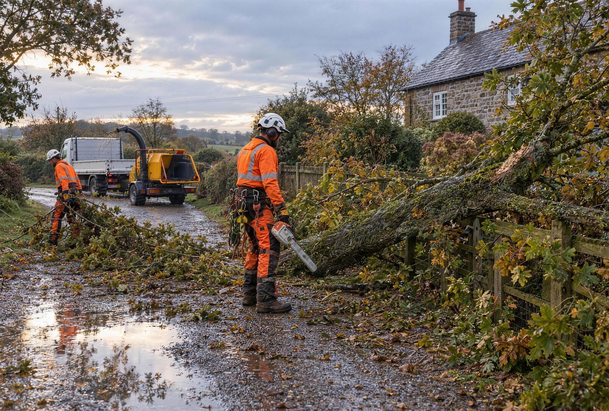 Crew arriving at dawn to clear a storm-fallen oak limb from a driveway