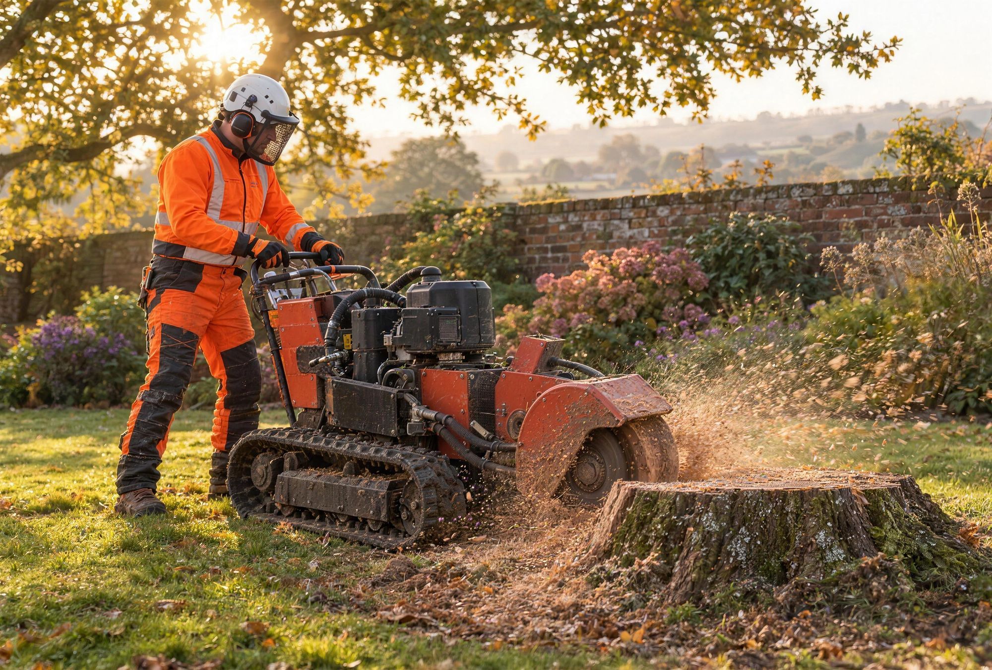 Tracked stump grinder removing an oak stump from a lawn
