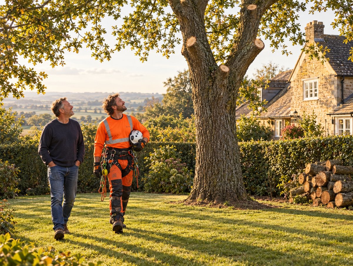 Arborist and homeowner walking the tidy garden after the job
