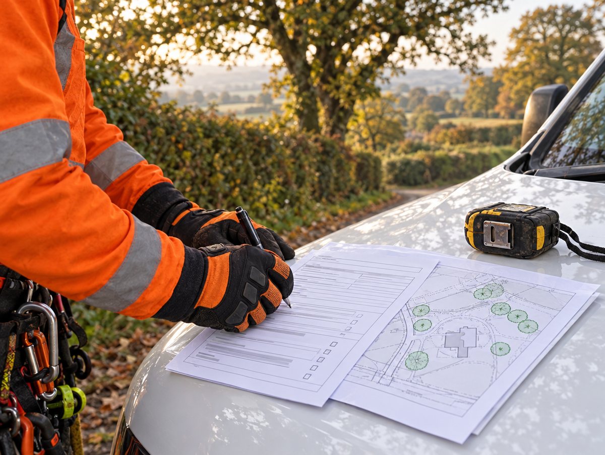 Filling in a tree-work application form on the van bonnet