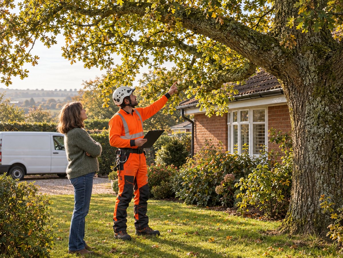 Arborist and homeowner looking up at an oak during a site visit