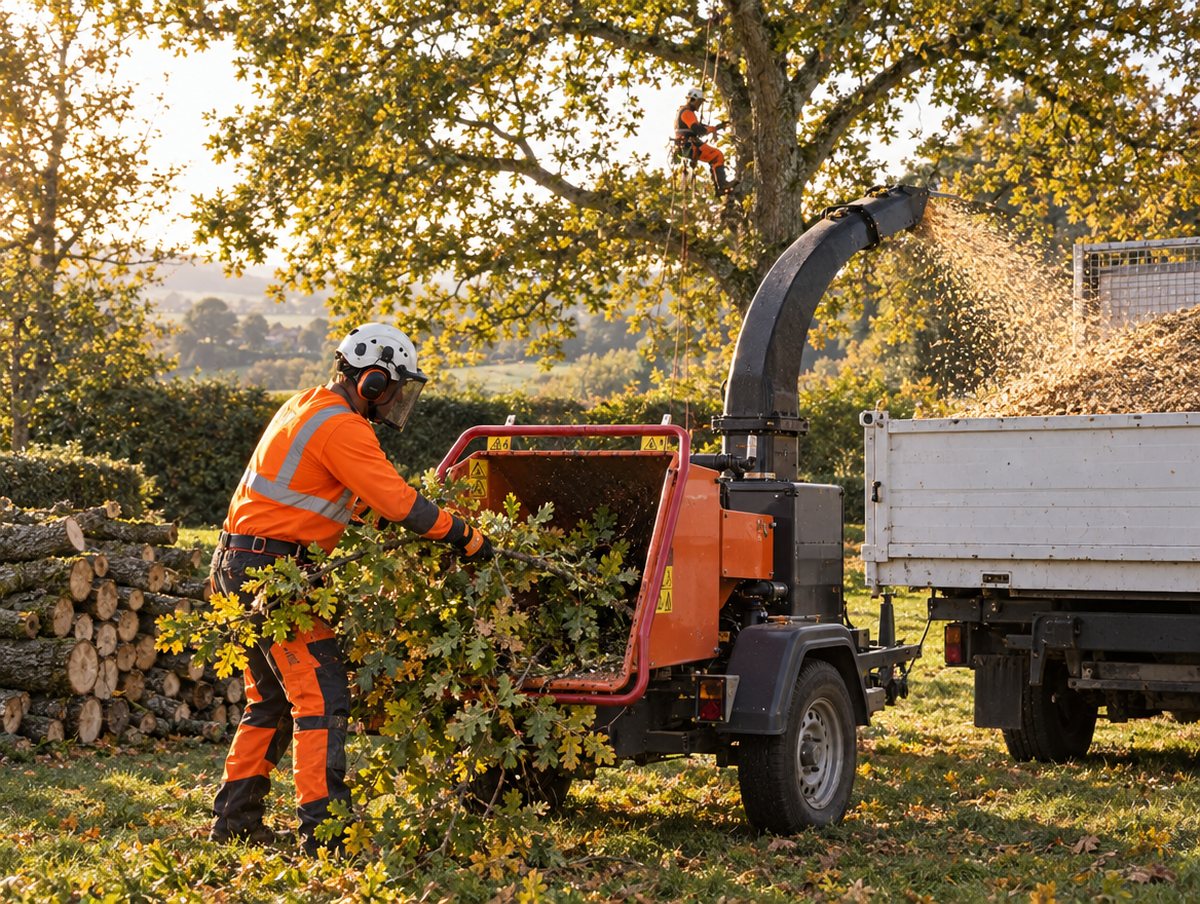 Groundsman feeding branches into the chipper while the climber works above